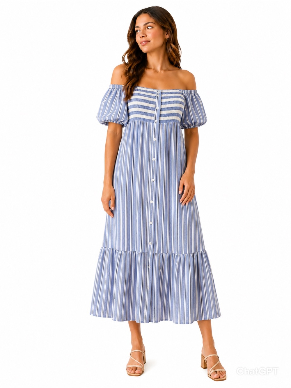NWT Emerson Fry Blue and White Striped Puff-Sleeve Maxi Dress